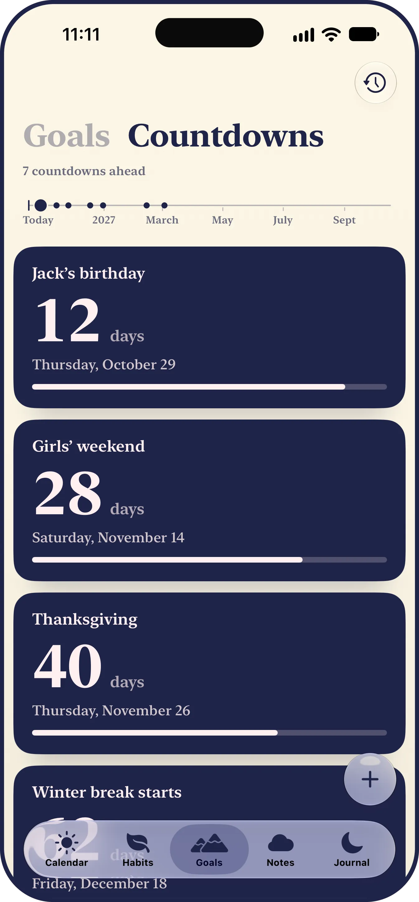 The LYS Countdowns tab: 7 countdowns ahead on a road of the year to come, then each countdown on its own ink card with its days and a bar filling toward its day, Jack’s birthday in 12 days on Thursday, October 29, Girls’ weekend in 28 on Saturday, November 14, and Thanksgiving in 40.
