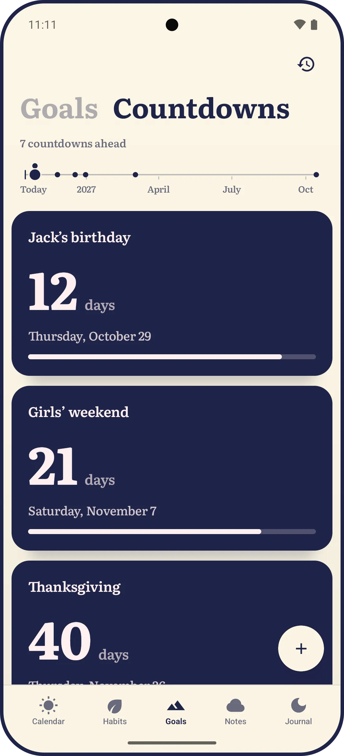 LYS Countdowns on Android: 7 countdowns ahead on a road of the year to come, then each countdown on its own ink card with its days and a bar filling toward its day, Jack’s birthday in 12 days on Thursday, October 29, Girls’ weekend in 21 on Saturday, November 7, and Thanksgiving in 40.