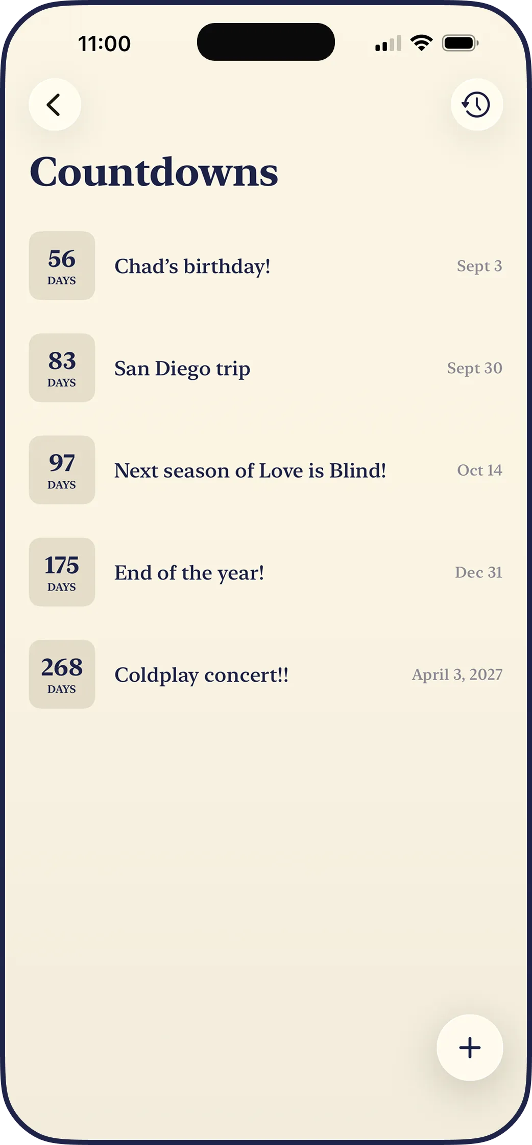 The LYS countdowns screen, each event with a tile counting down the days until its date.
