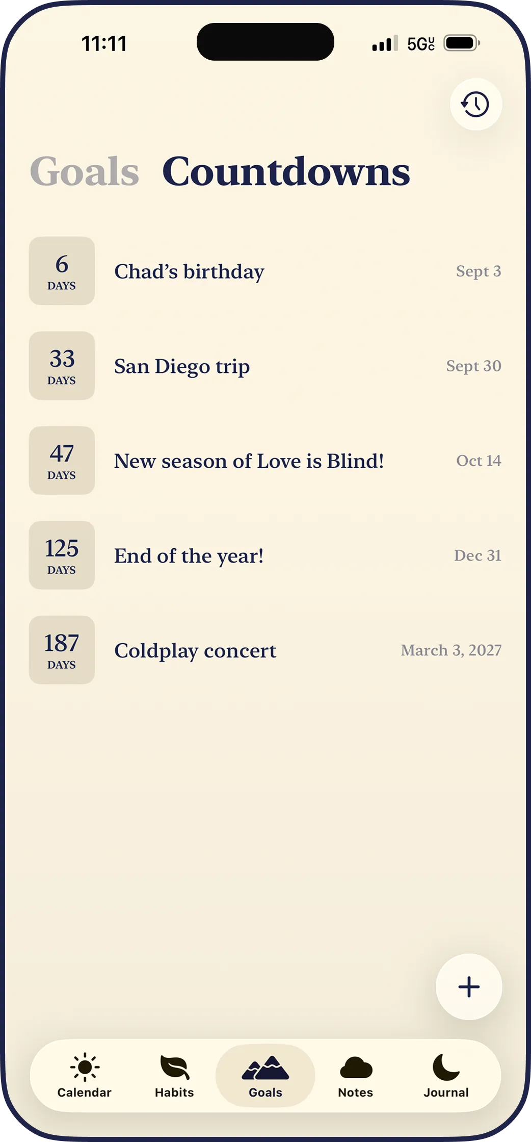 The LYS countdowns screen, each event with a tile counting down the days until its date.