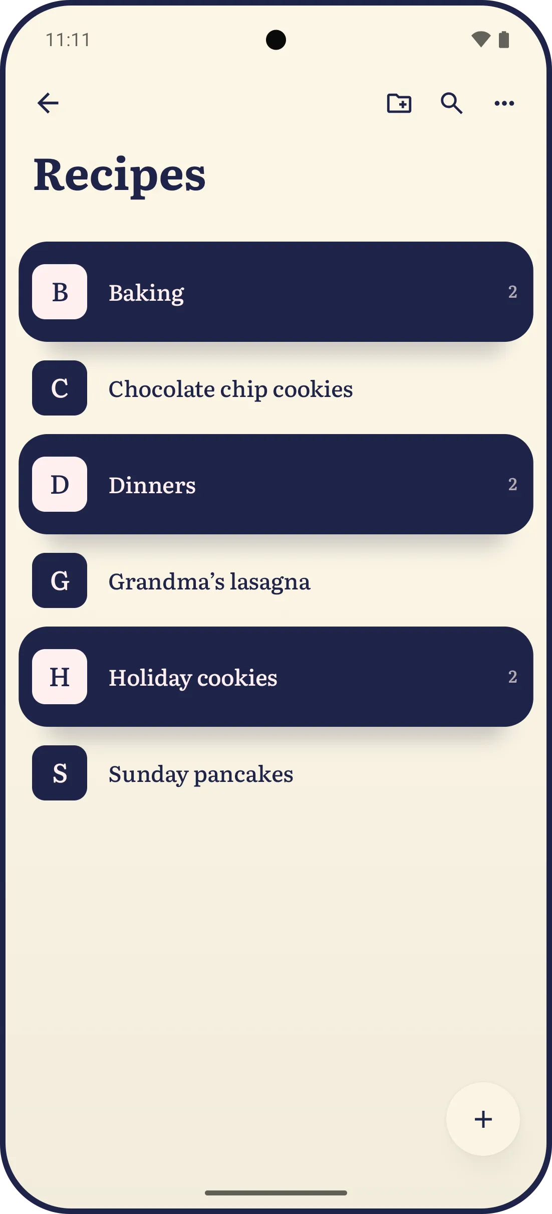 The Recipes folder open in LYS on Android: the folders Baking, Dinners and Holiday cookies on their own ink cards, each holding 2, among the recipes Chocolate chip cookies, Grandma’s lasagna and Sunday pancakes, A to Z.