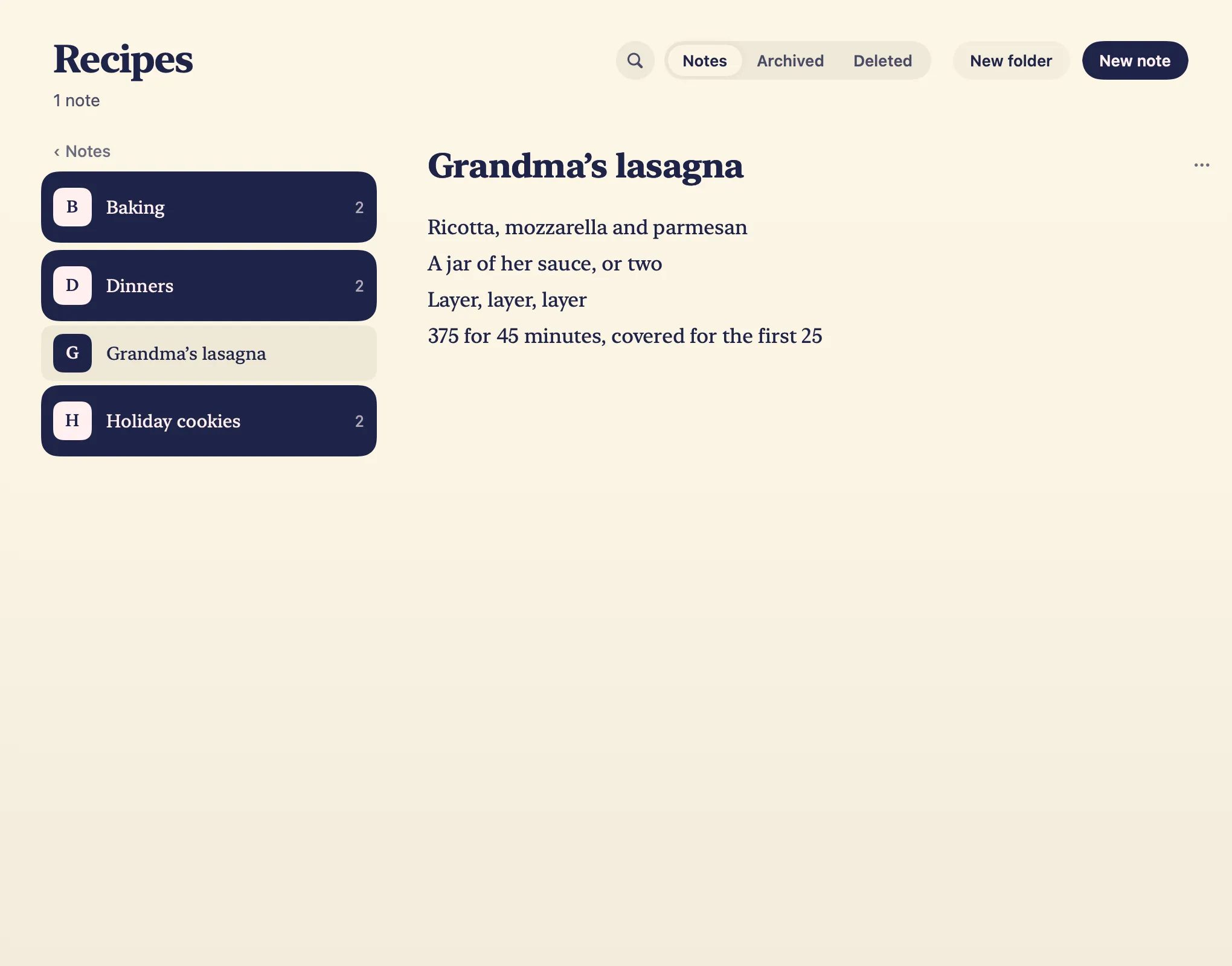 Folders inside folders on a Mac: Recipes open under its path bar, holding three folders of its own, Baking, Dinners and Holiday cookies, with Grandma’s lasagna among them, open beside the list.