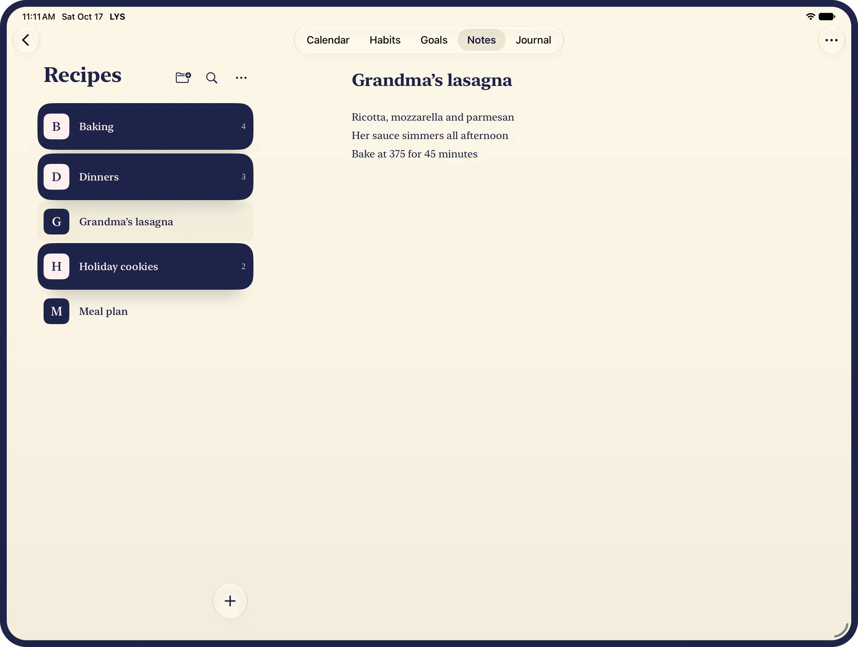 The Recipes folder on an iPad: the folders Baking, Dinners and Holiday cookies on their own ink cards among the notes Grandma’s lasagna and Meal plan, beside the open note, Grandma’s lasagna.