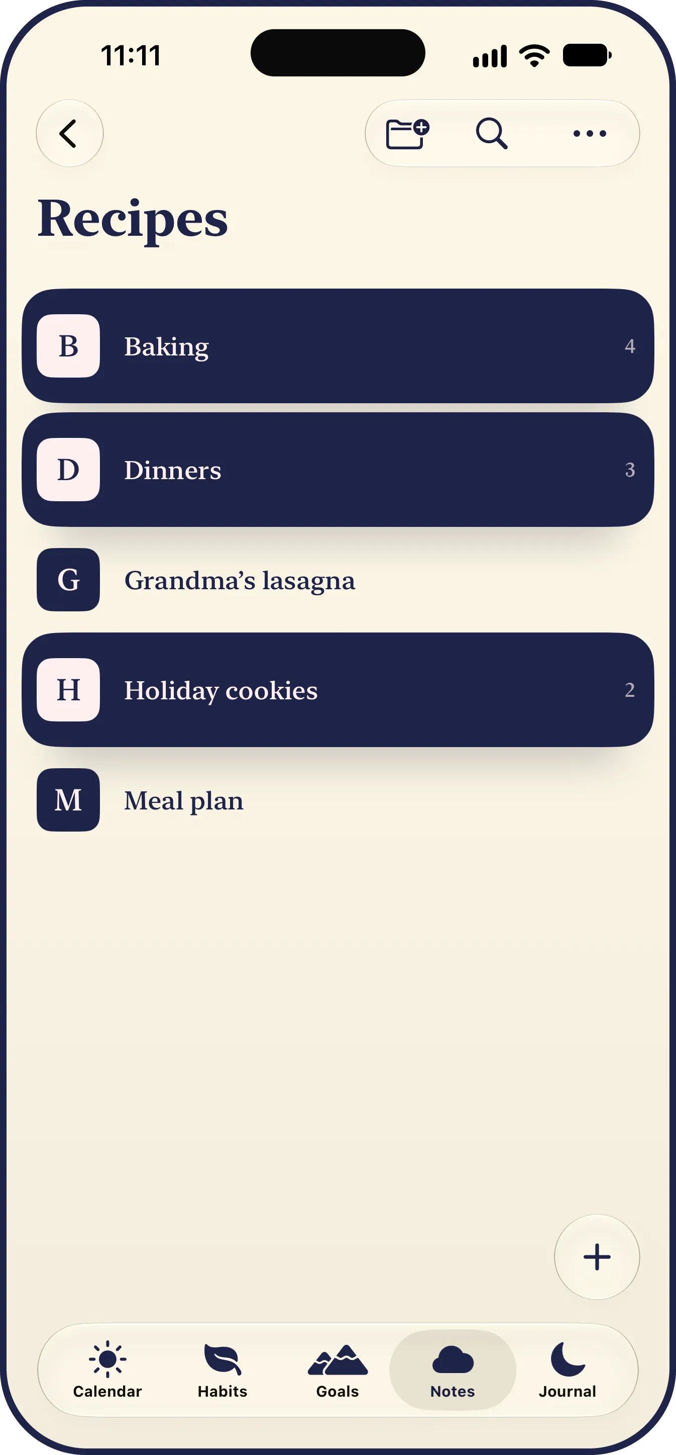 The Recipes folder open in LYS: the folders Baking, Dinners and Holiday cookies on their own ink cards, among the notes Grandma’s lasagna and Meal plan, A to Z.