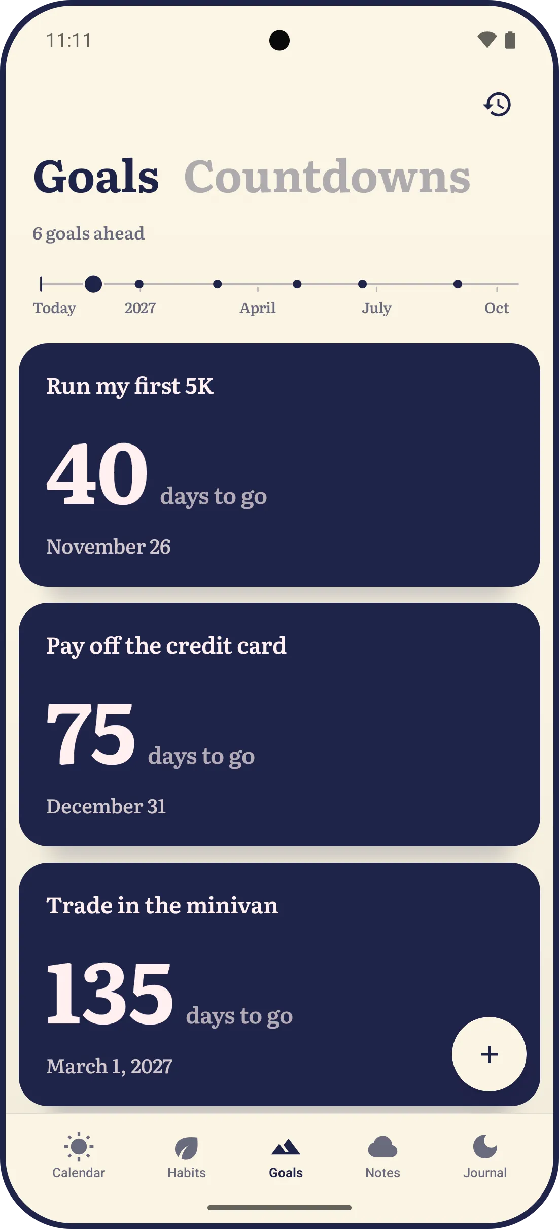 LYS Goals on Android: 6 goals ahead on a road of the year to come, then each goal on its own ink card counting the days to go, Run my first 5K in 40 days on November 26, Pay off the credit card in 75 on December 31, and Trade in the minivan in 135 on March 1, 2027.