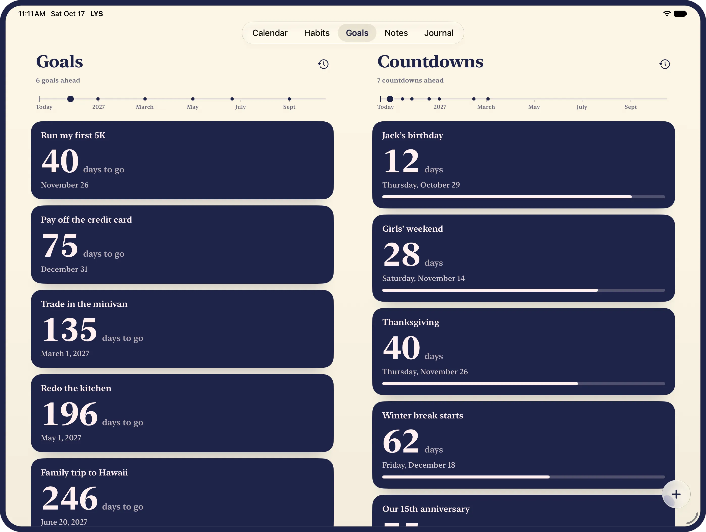 LYS Goals on an iPad, the goals and the countdowns side by side, each on its own ink card under a road of the year to come: Run my first 5K in 40 days, Pay off the credit card in 75, Trade in the minivan in 135, Redo the kitchen in 196 and Family trip to Hawaii in 246, and beside them Jack’s birthday in 12 days, Girls’ weekend in 28, Thanksgiving in 40 and Winter break in 62, each with its bar.
