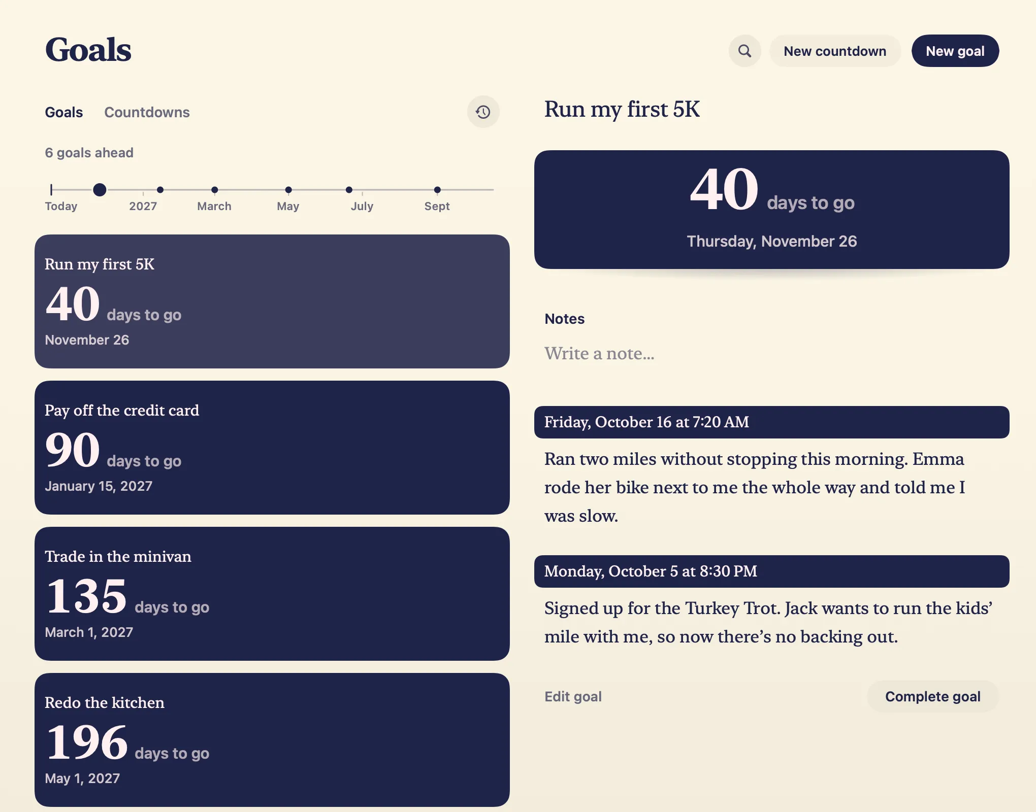 LYS Goals on a Mac: 6 goals ahead on a road of the year to come, then each goal on its own ink card counting the days to go, Run my first 5K in 40 days on November 26, Pay off the credit card in 90, Trade in the minivan in 135 and Redo the kitchen in 196, beside Run my first 5K’s page: 40 days to go on an ink card, and its notes, each under its day and time.