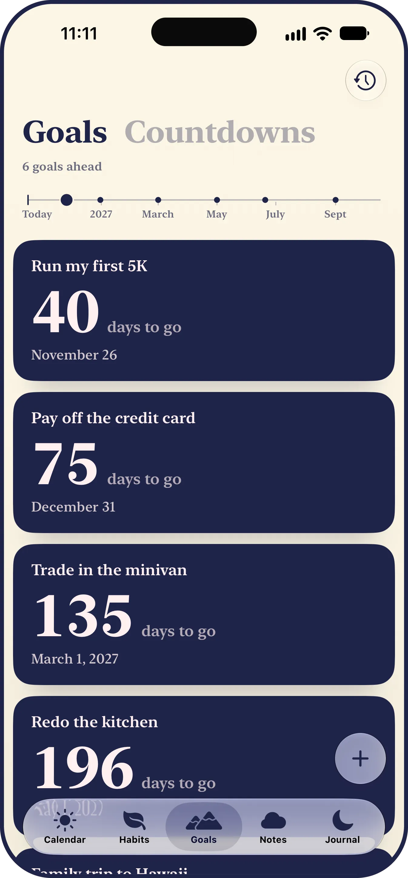 The LYS Goals tab: 6 goals ahead on a road of the year to come, then each goal on its own ink card counting the days to go, Run my first 5K in 40 days on November 26, Pay off the credit card in 75 on December 31, and Trade in the minivan in 135 on March 1, 2027.