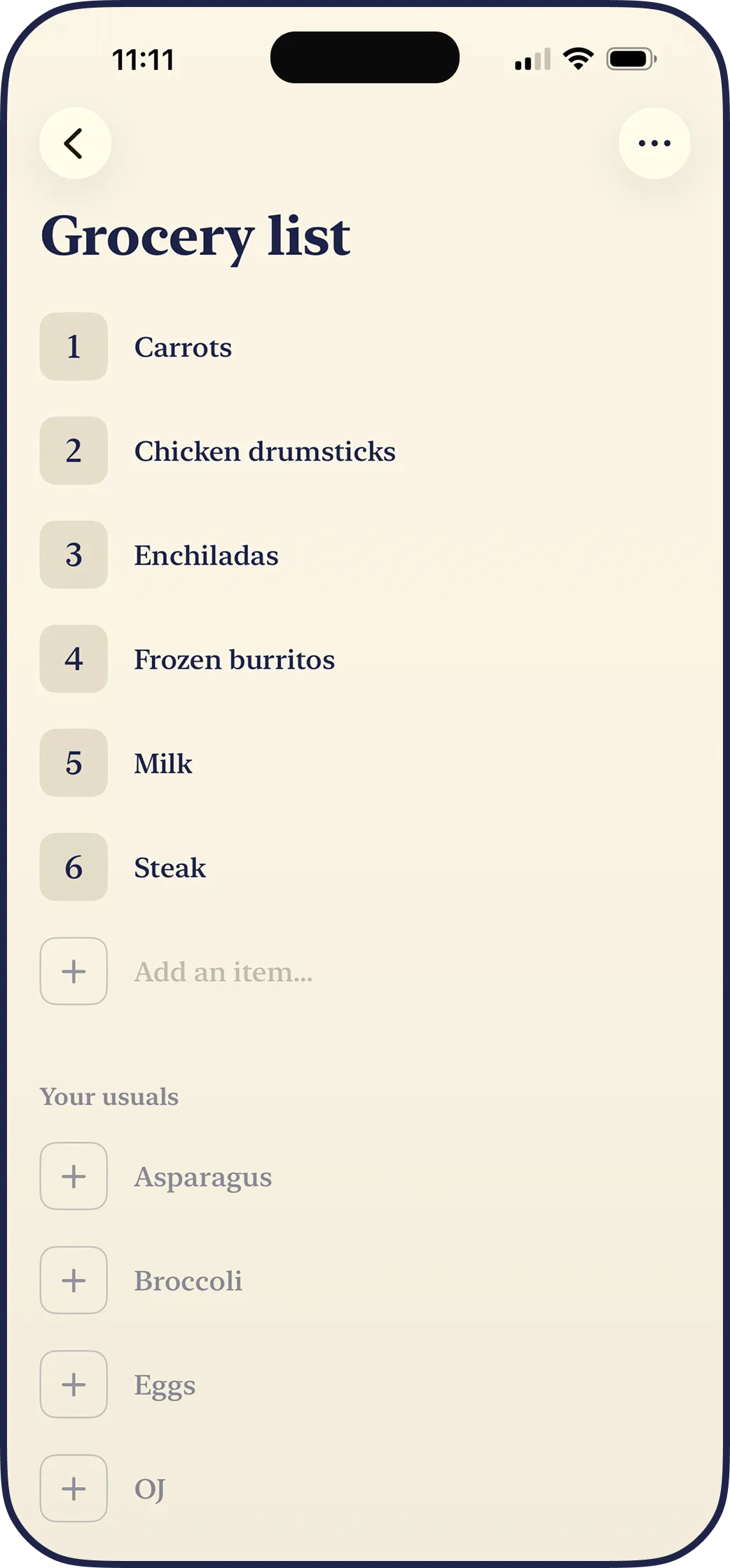 The LYS grocery list, numbered items to buy over a tap-to-add list of usuals.