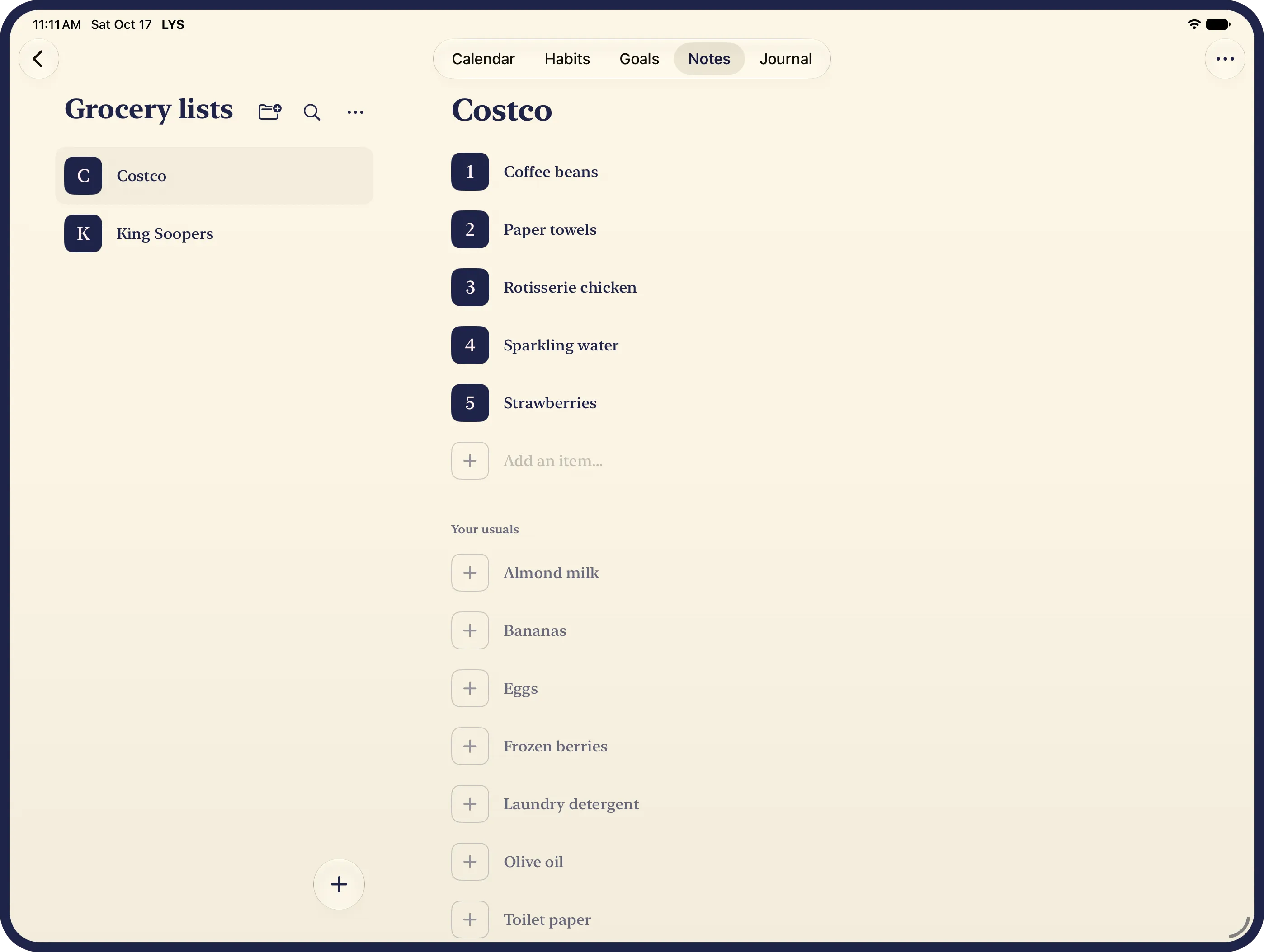 The Costco grocery list on an iPad: five numbered items to buy over an add-an-item row, then the usuals, each a tap to add, beside its folder, Grocery lists, with Costco and King Soopers.