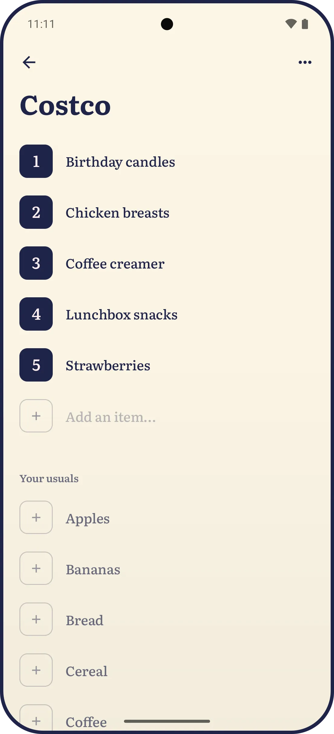 The Costco grocery list on Android, opened from the Grocery lists folder: five numbered items to buy over an add-an-item row, then the usuals, each a tap to add.