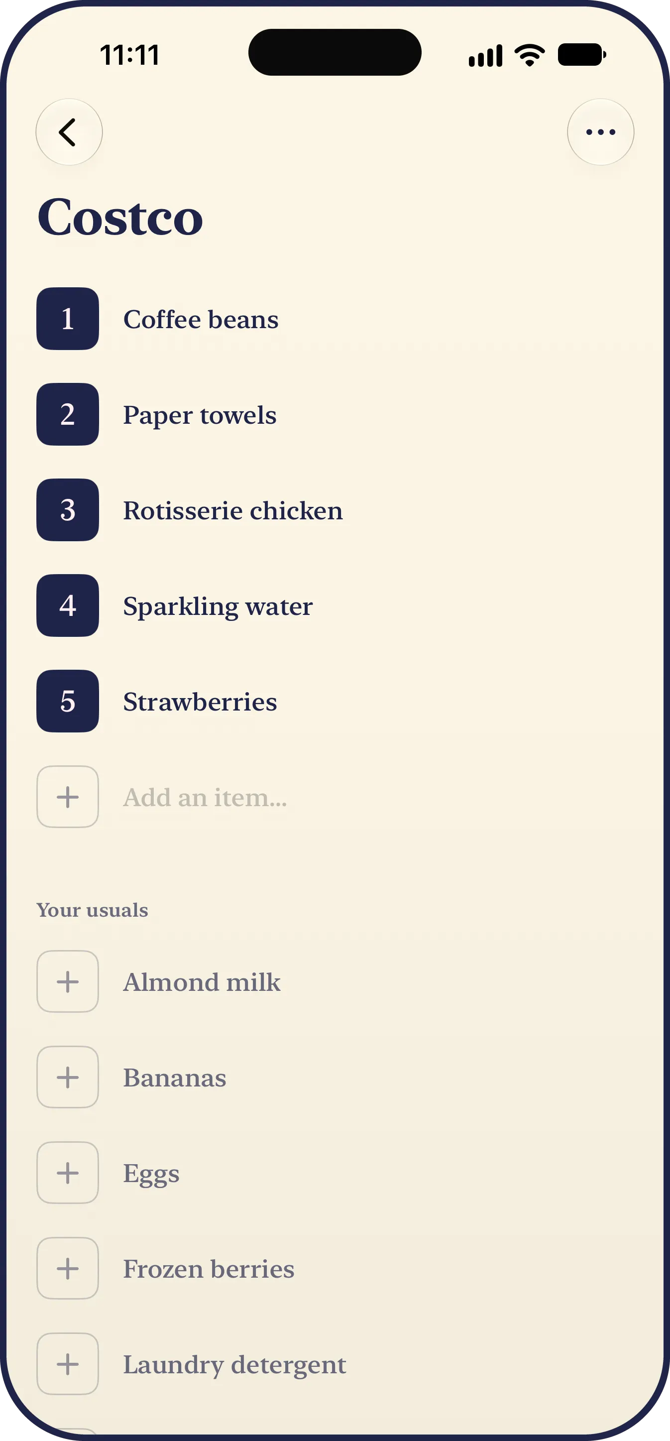 The Costco grocery list, opened from the Grocery lists folder: five numbered items to buy over an add-an-item row, then the usuals, each a tap to add.
