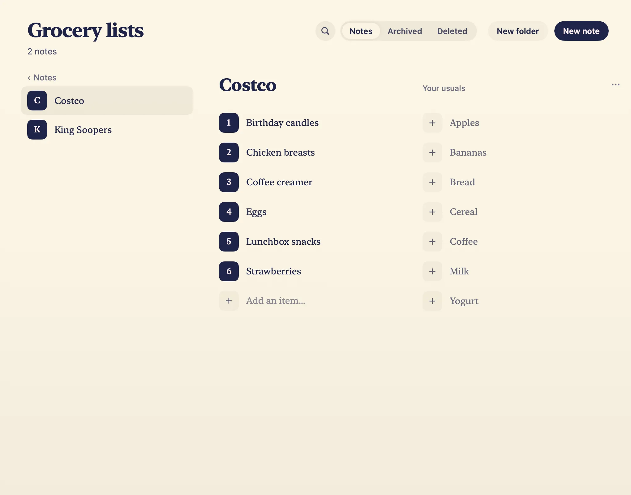 The LYS grocery list on a Mac: the Costco run open inside its Grocery lists folder, beside King Soopers, six numbered items to buy over an add-an-item row, beside the usuals, each a click to add.