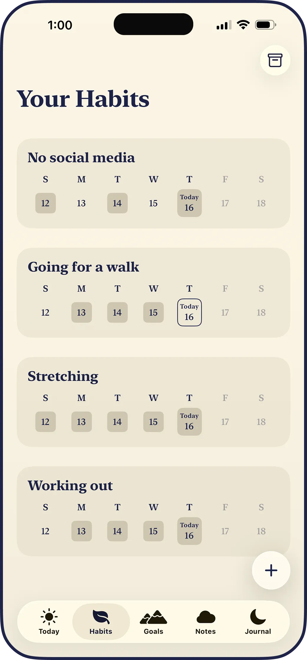 The LYS habits screen with monthly calendars for each habit and completed days filled in.