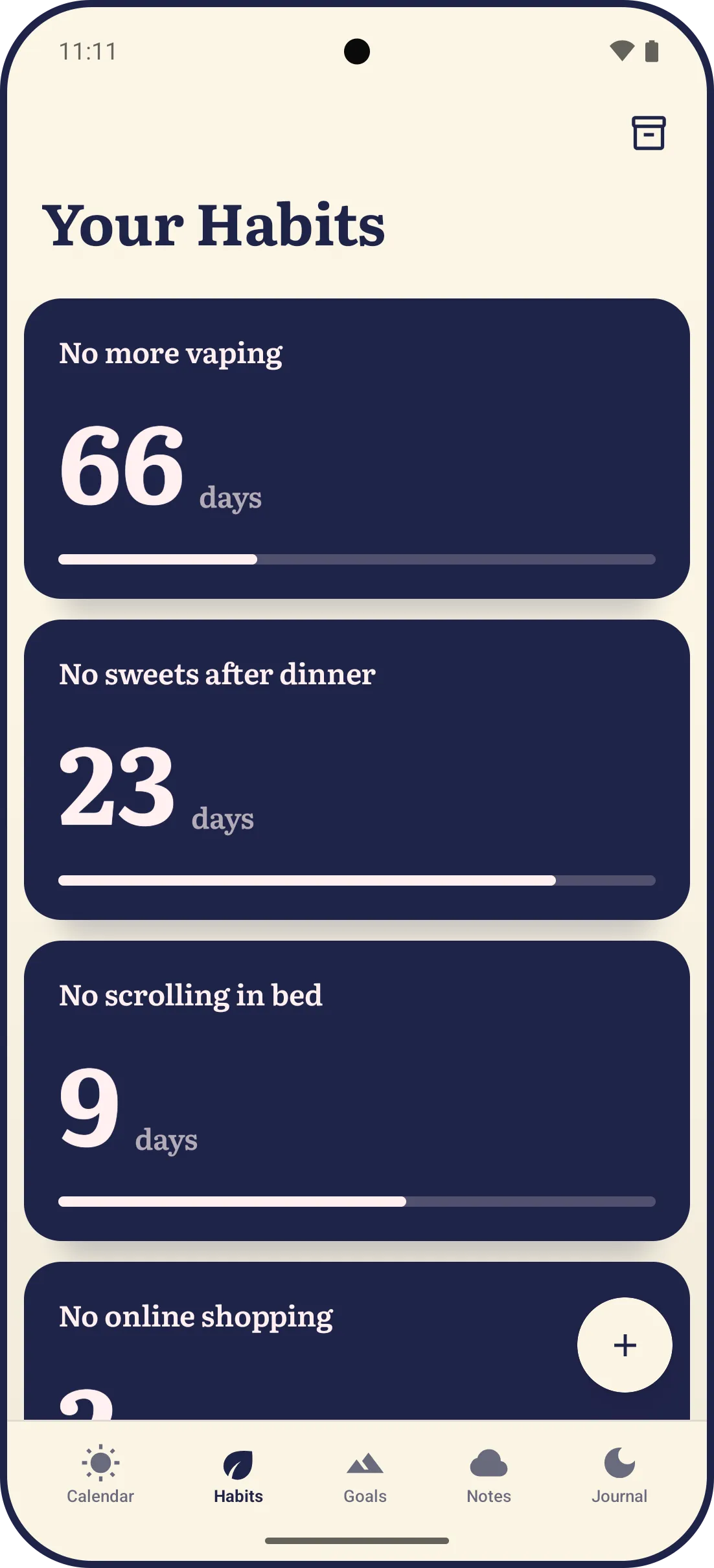 LYS Habits on Android: the habits being quit, the most days first, each on its own ink card counting the days since the last start, No more vaping at 66 days, No sweets after dinner at 23 and No scrolling in bed at 9, each over a bar of how far its own day has gone, and No online shopping under them.