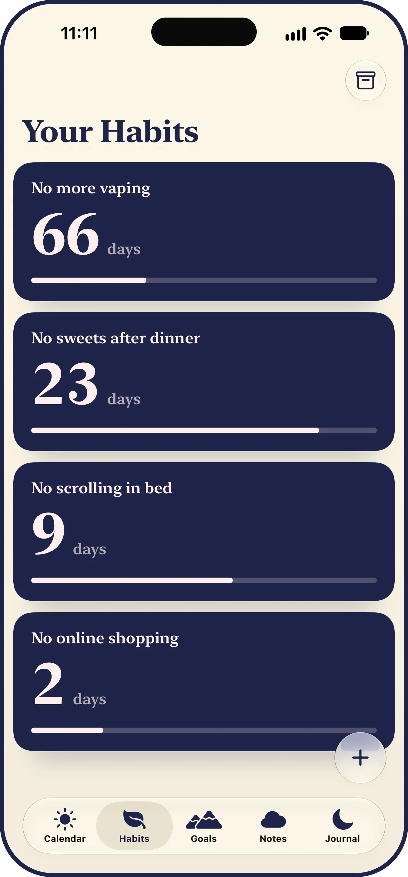 The LYS Habits tab: the habits being quit, each on its own ink card counting the days since the last start, No more vaping at 66 days, No sweets after dinner at 23, No scrolling in bed at 9 and No online shopping at 2, each over a bar of how far its own day has gone.