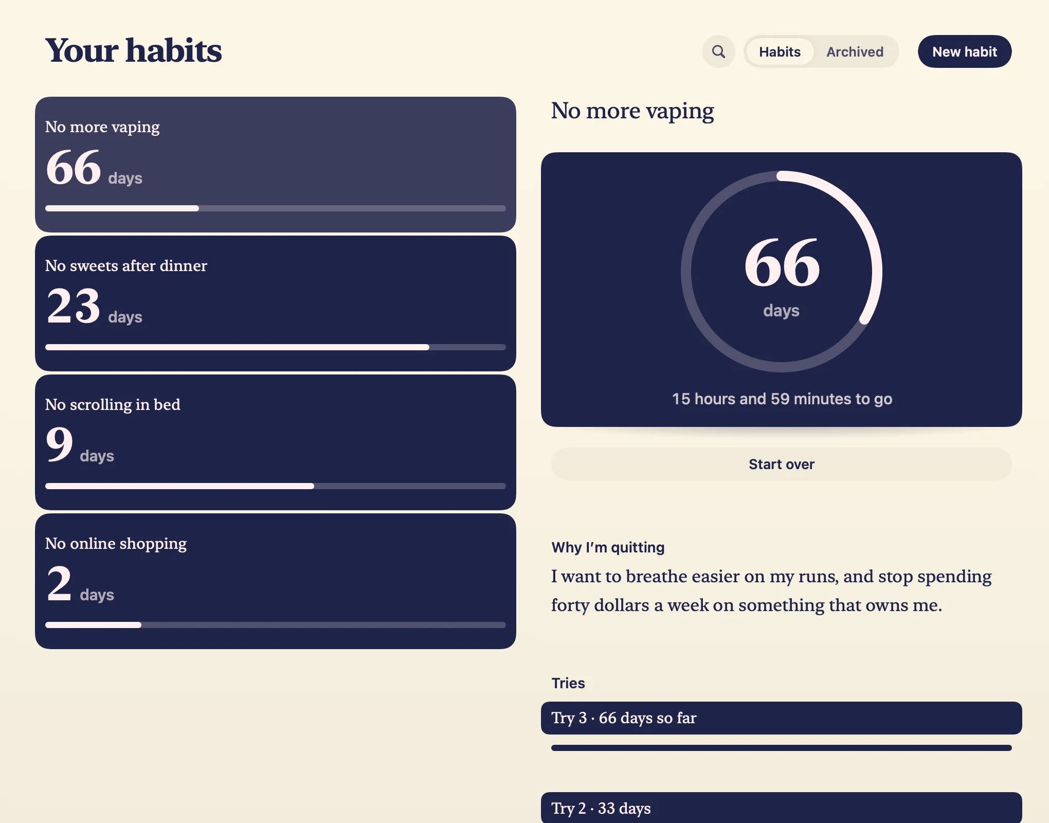LYS Habits on a Mac: the habits being quit on their ink cards, the most days first, No more vaping at 66 days, No sweets after dinner at 23, No scrolling in bed at 9 and No online shopping at 2, each over a bar showing how far its own day has gone, beside No more vaping’s page: 66 days in its ring, Start over, why I’m quitting, and its tries.
