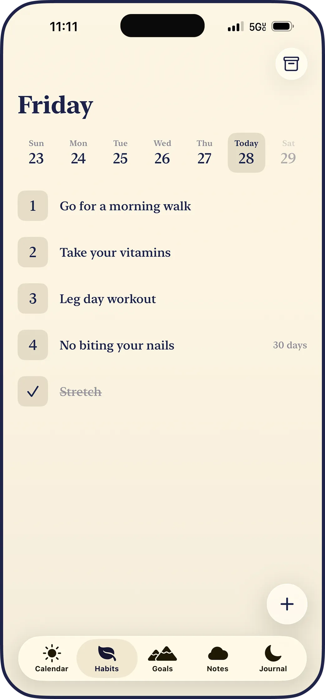 The LYS habits screen, a numbered daily list of habits with one completed and crossed off.