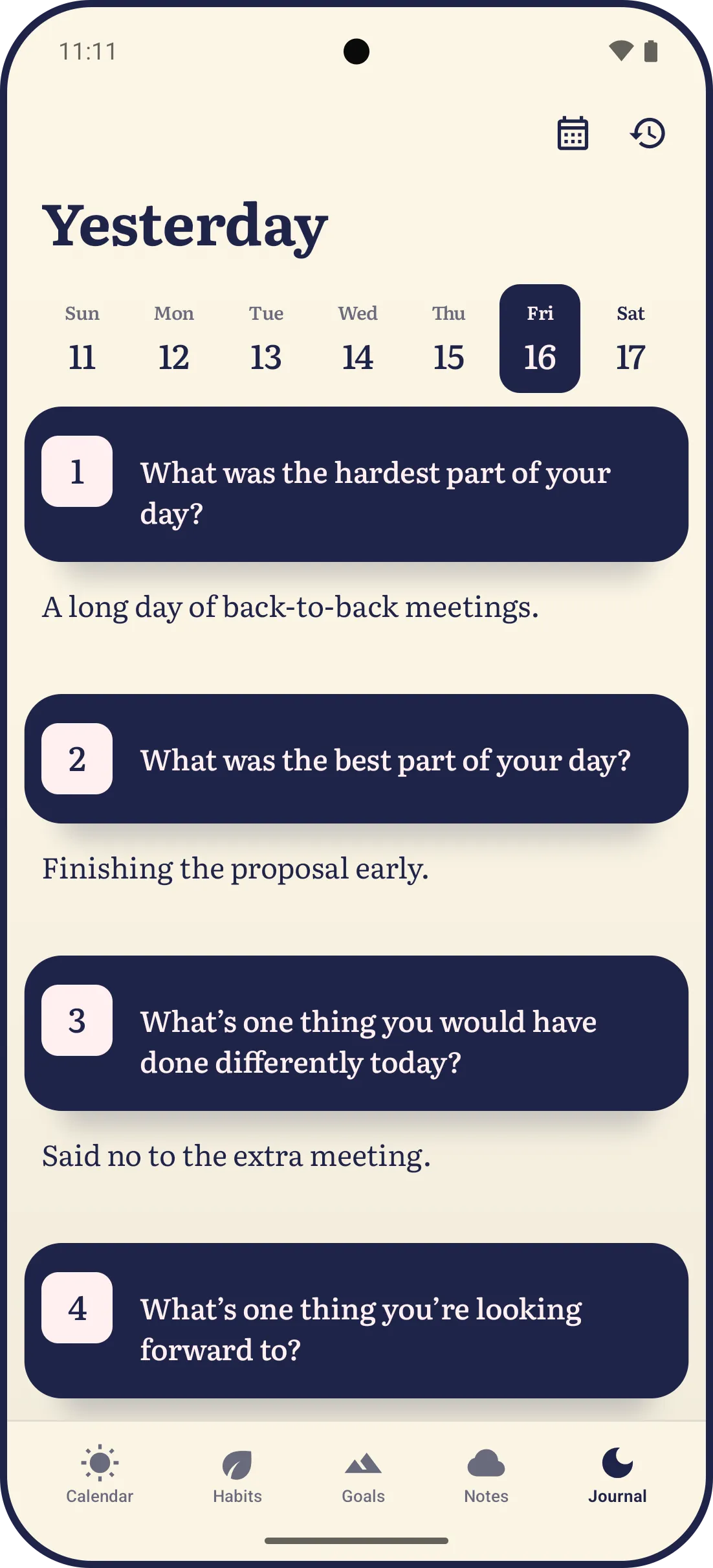 The LYS Journal on Android for yesterday, Friday: each answered question on its own numbered ink strip, the answer on the paper under it, the hardest part of the day a long day of back-to-back meetings and the best finishing the proposal early.