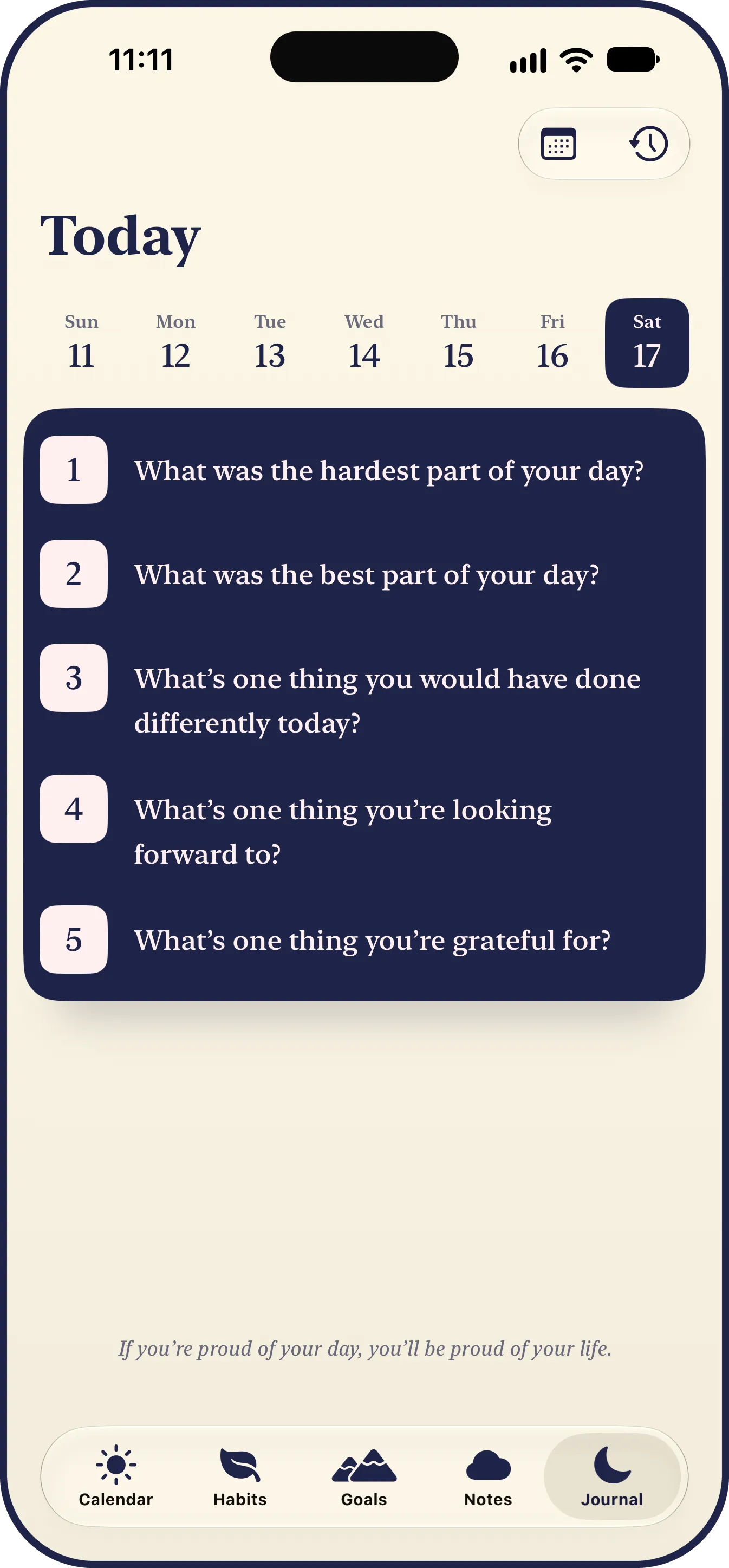The LYS Journal tab for Saturday: five numbered questions on an ink card, waiting to be answered, with an italic line at the foot.