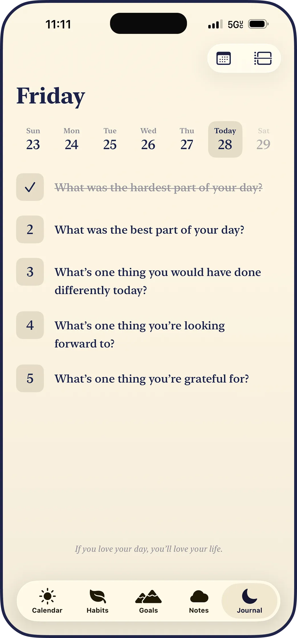 The LYS journal’s day page, five numbered question rows with the first one, “What was the hardest part of your day?”, answered and crossed off.