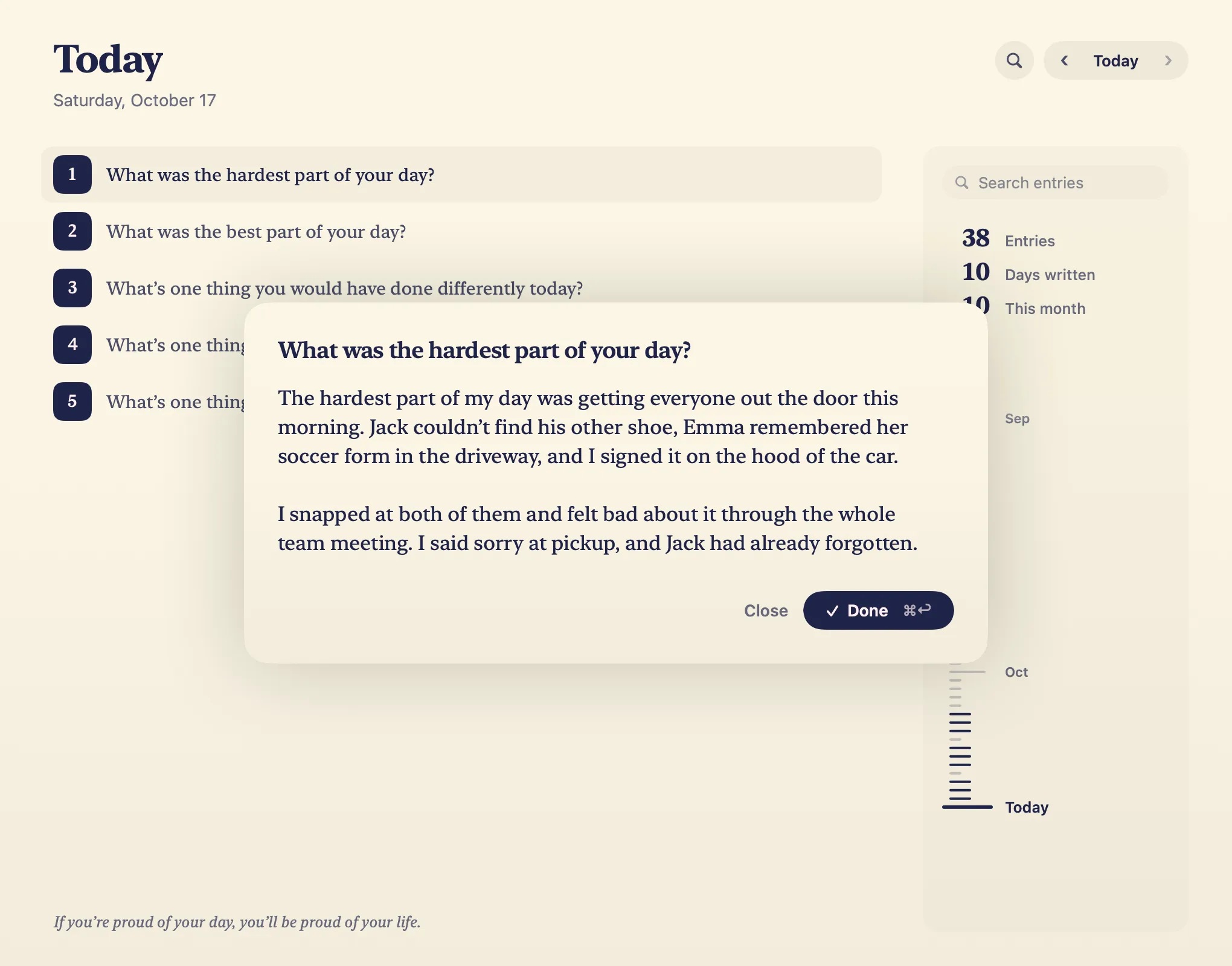 The LYS Journal on a Mac for Saturday: tonight’s five questions, the first open on its card with a long answer about the morning’s rush and Done beside it, beside the Rewind’s counts and its wheel of days.