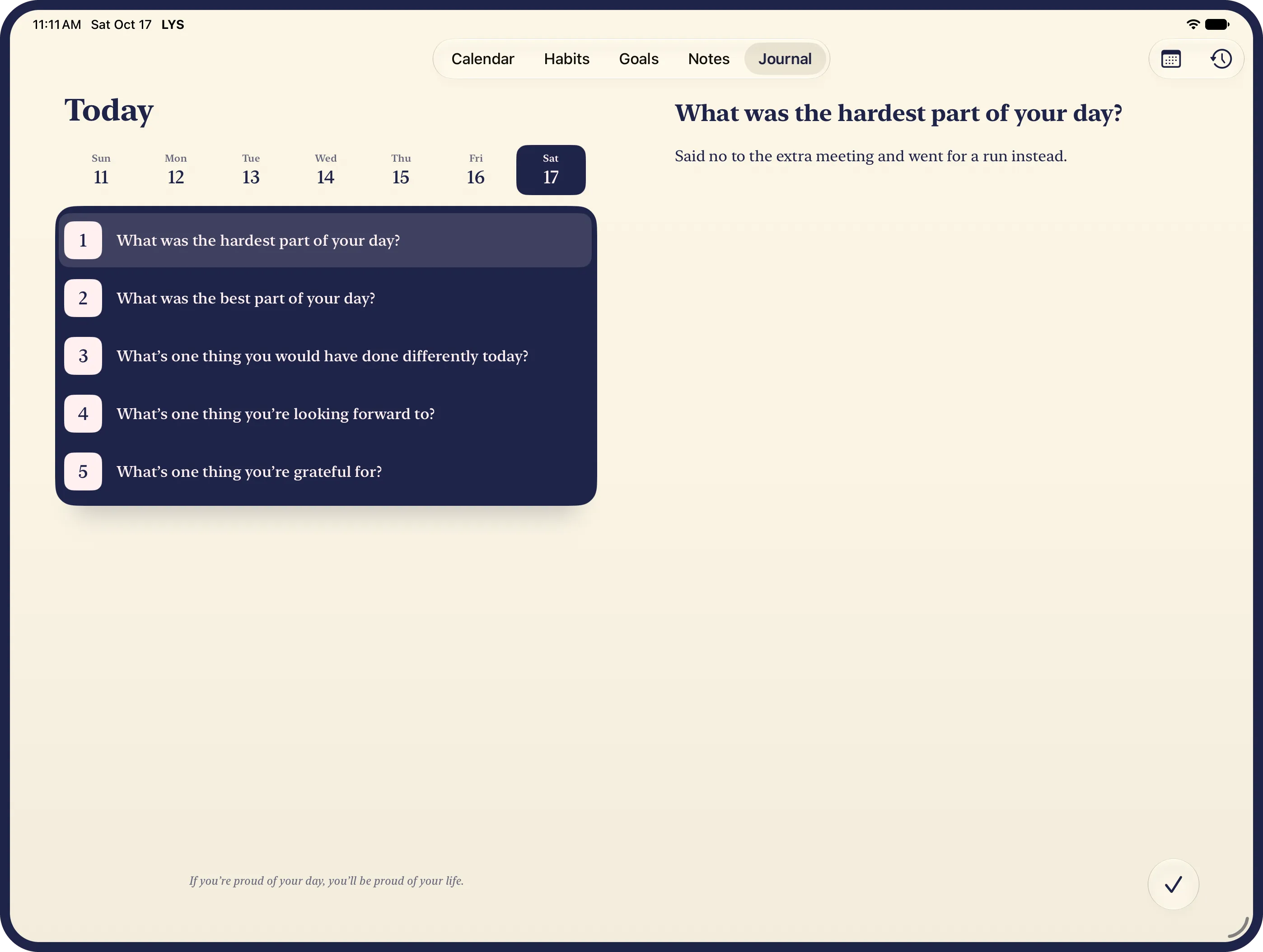 The LYS Journal on an iPad: today’s five questions on an ink card beside the first one open, What was the hardest part of your day, with its answer being written.