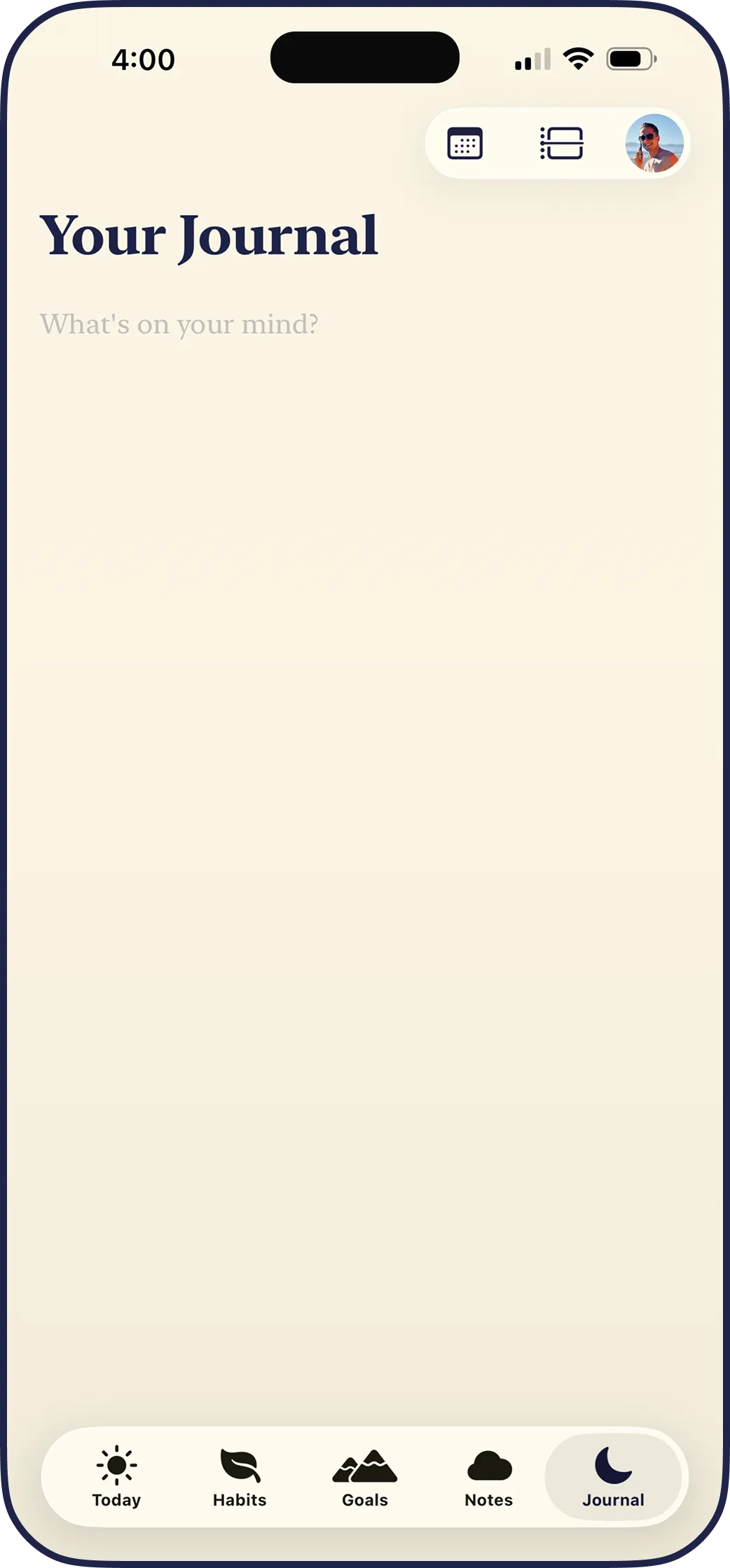 The LYS journal open to a blank page with the prompt “What’s on your mind?”.