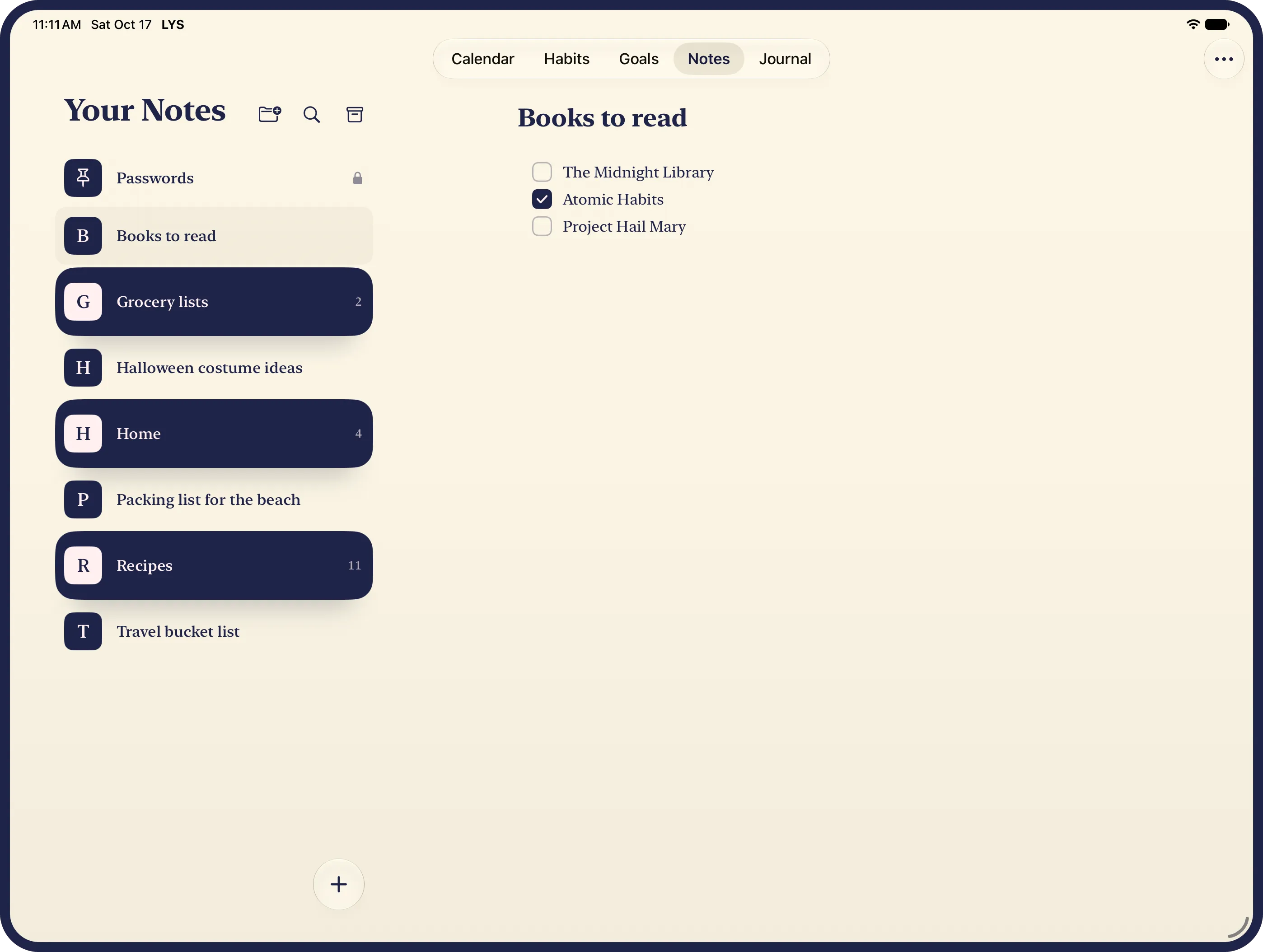 LYS Notes on an iPad: Passwords pinned and locked at the top, then notes and folders together A to Z, the folders Grocery lists, Home and Recipes on their own ink cards between the notes, beside the open note, Books to read, with Atomic Habits checked off.