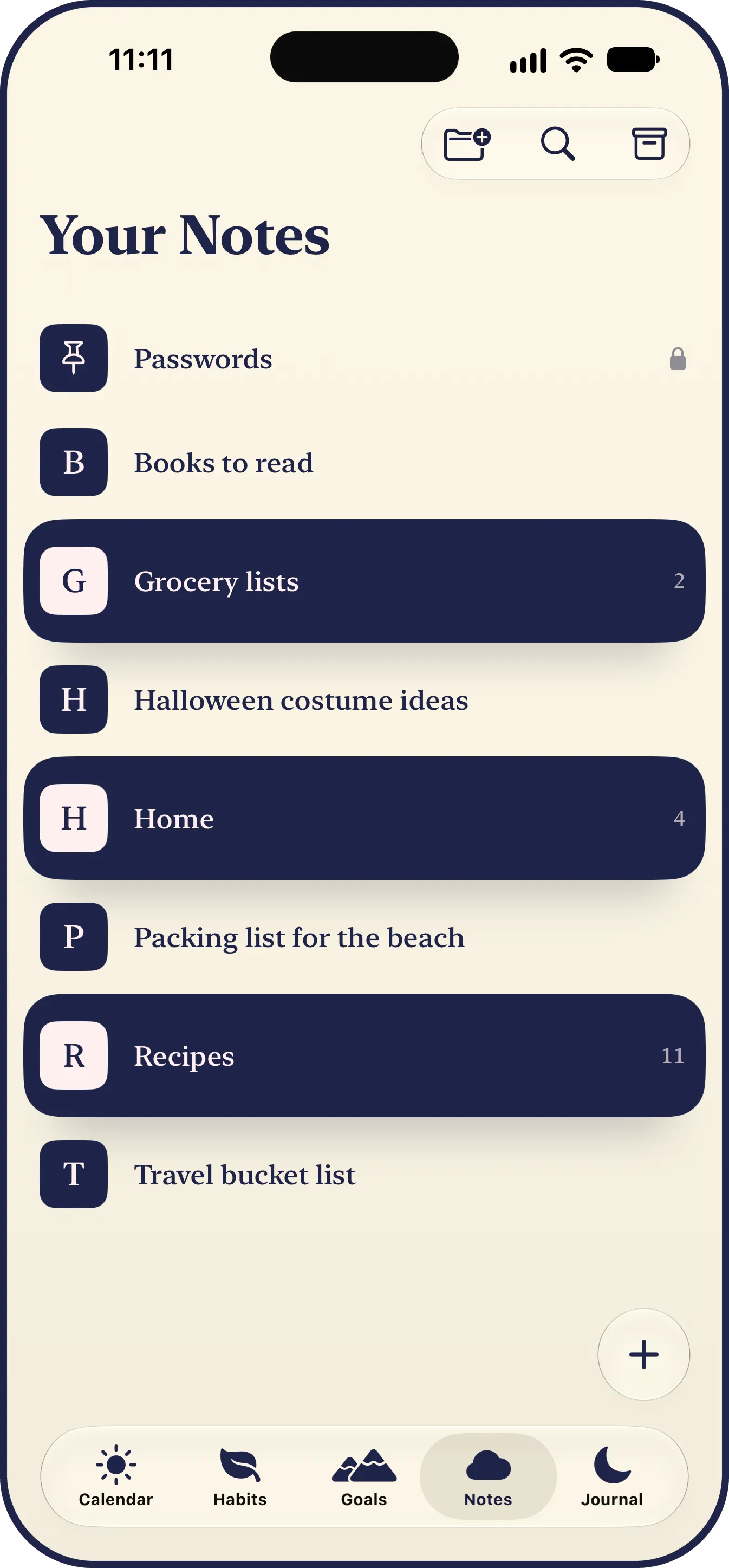 The LYS notes library, organized: Passwords pinned and locked at the top, then notes and folders together A to Z, Books to read, Halloween costume ideas, Packing list for the beach and Travel bucket list on their letter tiles, with the folders Grocery lists, Home and Recipes on their own ink cards between them.