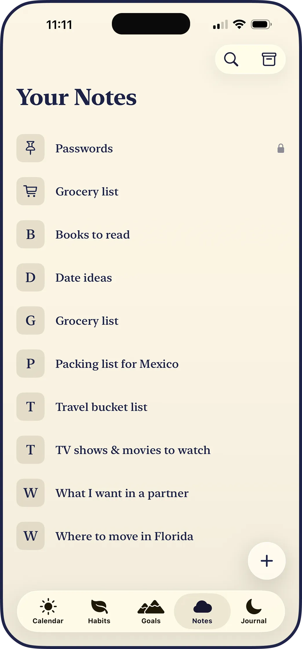 The LYS notes library, sorted A to Z, with pinned and locked notes.