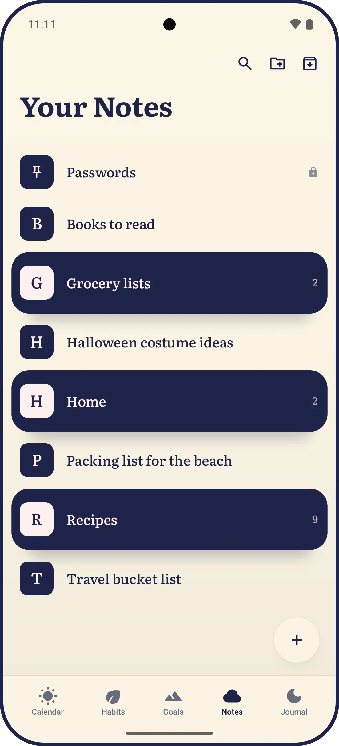 LYS Notes on Android, organized: Passwords pinned and locked at the top, then notes and folders together A to Z, Books to read, Halloween costume ideas, Packing list for the beach and Travel bucket list on their letter tiles, with the folders Grocery lists, Home and Recipes on their own ink cards between them.
