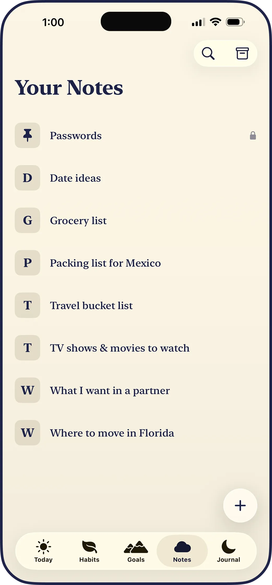 The LYS notes library, sorted A to Z, with pinned and locked notes.