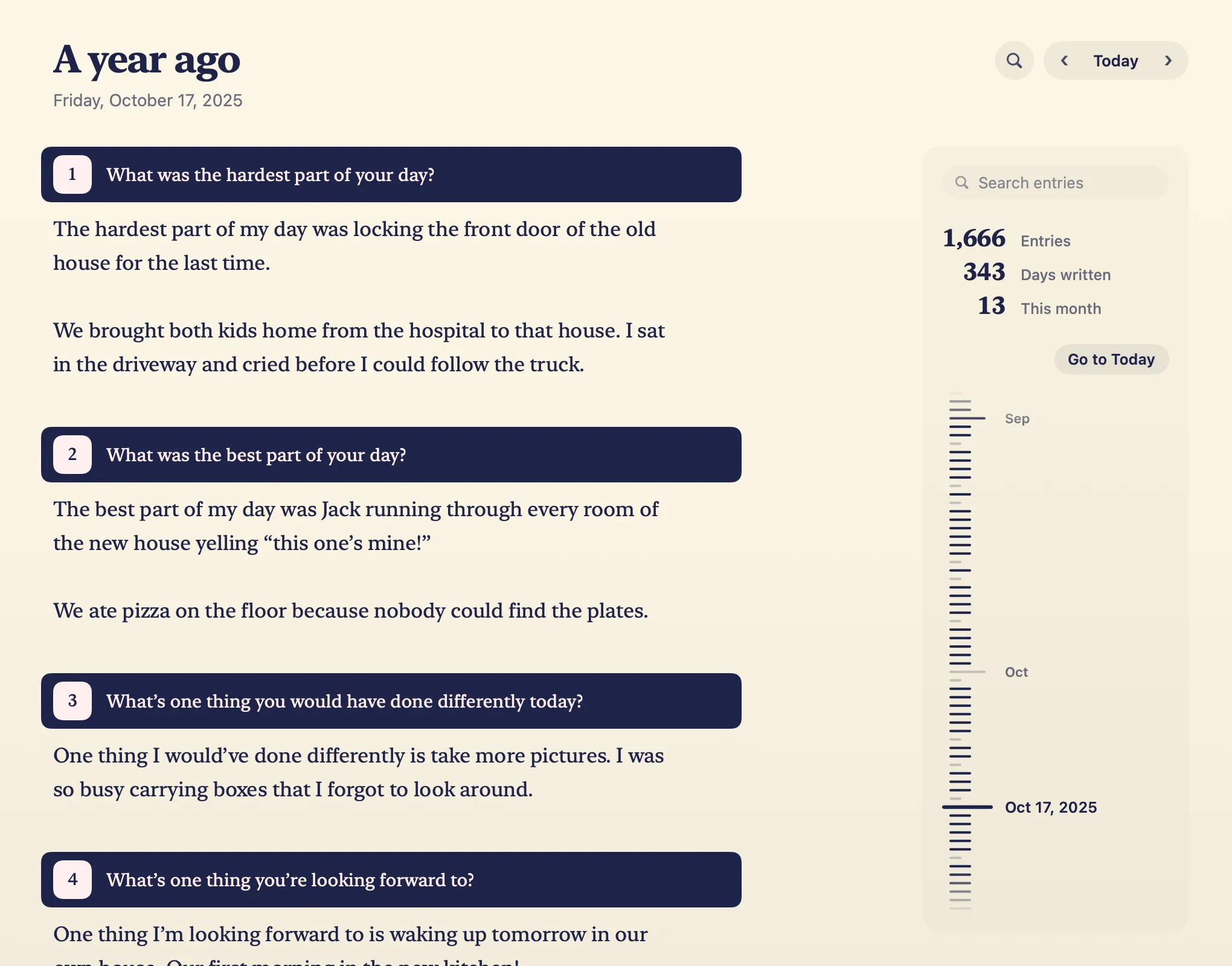The journal’s Rewind on a Mac: a year ago, Friday, October 17, 2025, written out, each question on its own ink strip with its number, as tonight’s questions stand, and its answer on the page under it, the first about locking the door of the old house for the last time, beside the counts of entries, days written and this month, and the wheel of days turned back a year.