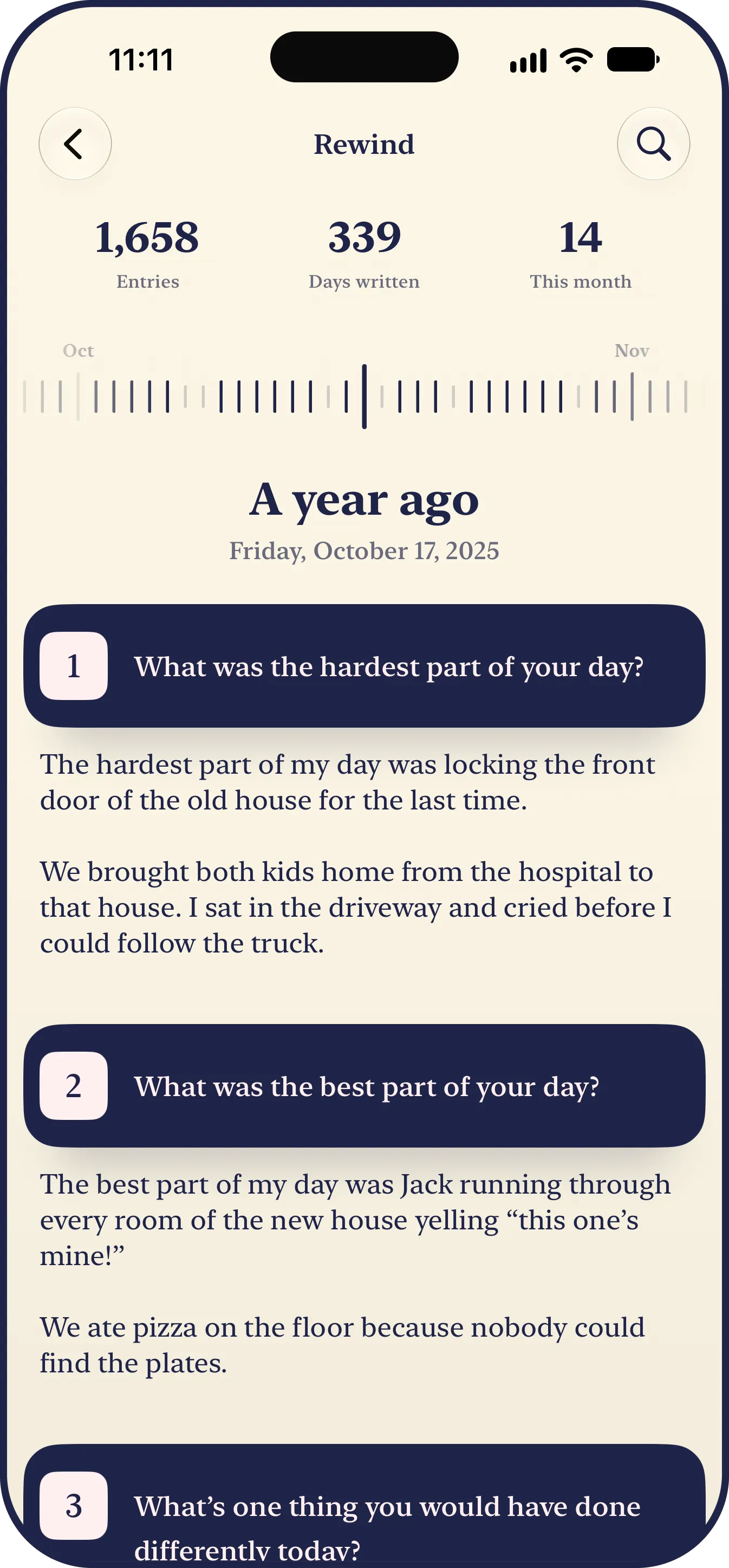 The LYS journal’s Rewind: the count of entries and days written, a wheel of days turned back to a year ago, Friday, October 17, 2025, and that day written out, each answered question on its own numbered ink strip with its answer on the page under it, the first about locking the door of the old house for the last time.